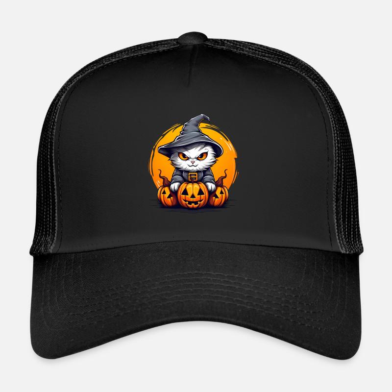 Chat sorcière avec trois citrouilles Casquette trucker 