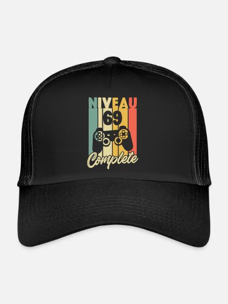 Niveau 69 complete, Cadeau Anniversaire 69 ans - Casquette trucker  - noir/noir - Devant