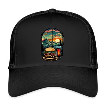 Kirchenfenster mit Hamburger Burger und Getränk - Trucker Cap - Schwarz/Schwarz - Vorne