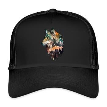 Wolf Aquarell Wald Waldtier Doppelbelichtung Tier - Trucker Cap - Schwarz/Schwarz - Vorne