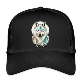 Wolf Aquarell Federn Indianer Wildtier Mandala - Trucker Cap - Schwarz/Schwarz - Vorne
