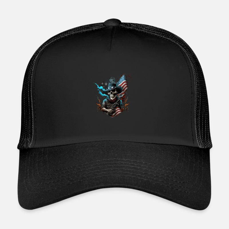 Skeleton with a gun, American flag Trucker Cap