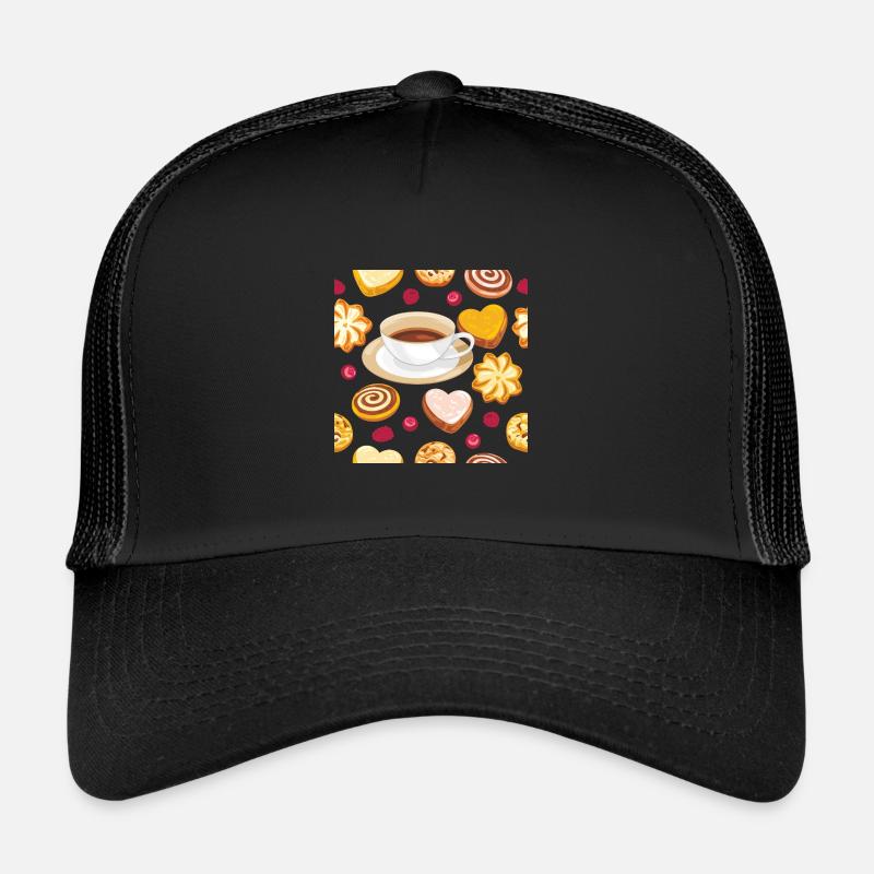 Modèle sans couture avec des biscuits, des baies et du café Casquette trucker 