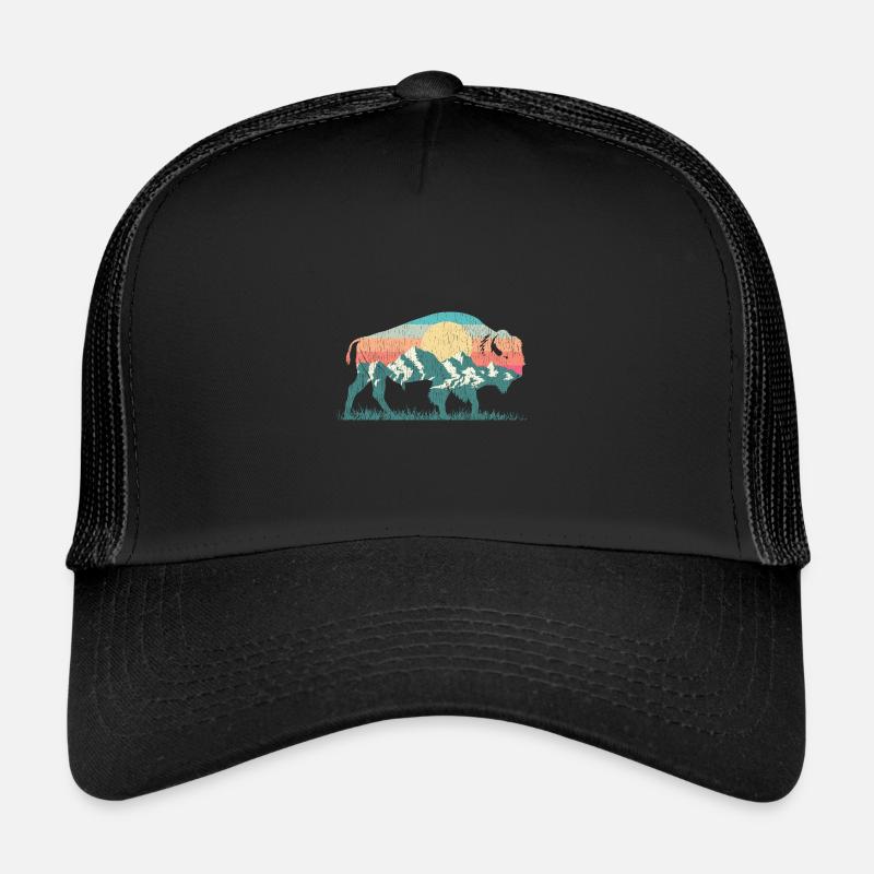 Nature buffalo bison retro mountain 70s 80s silhouette Trucker Cap