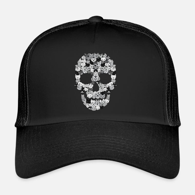 Totenkopf Katzen | Kätzchen Katze Kopf Geschenk - Trucker Cap - Schwarz/Schwarz