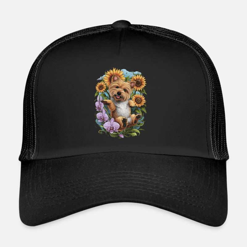 Cairn Terrier with Sun Flowers and Orchids Trucker Cap