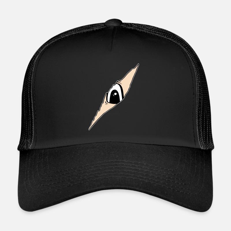 Auge schaut durch ein Riss - aufgerissener Stoff Trucker Cap