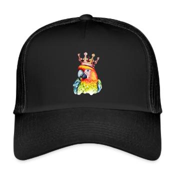 Monarch-Papagei: Bunter Comic-Vogel mit Krone - Trucker Cap - Schwarz/Schwarz - Vorne