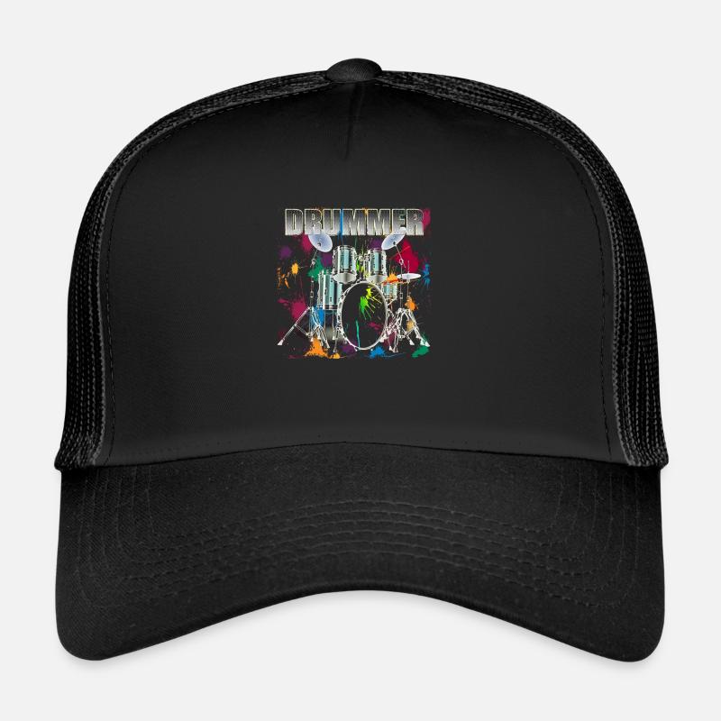 Drummer Art Design Silver Text - Trucker Cap - Schwarz/Schwarz
