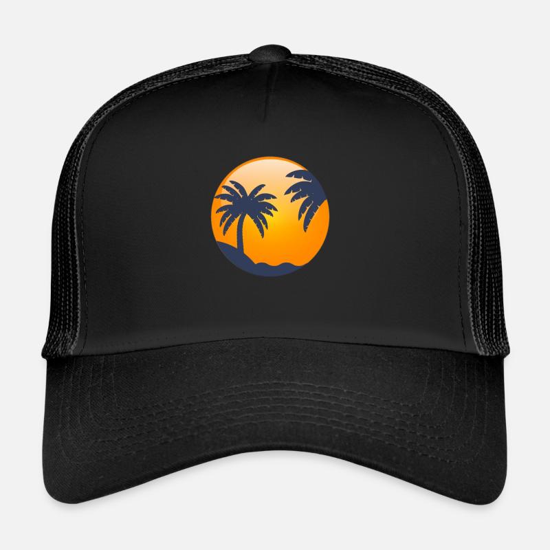 Sun behind palm trees Trucker Cap