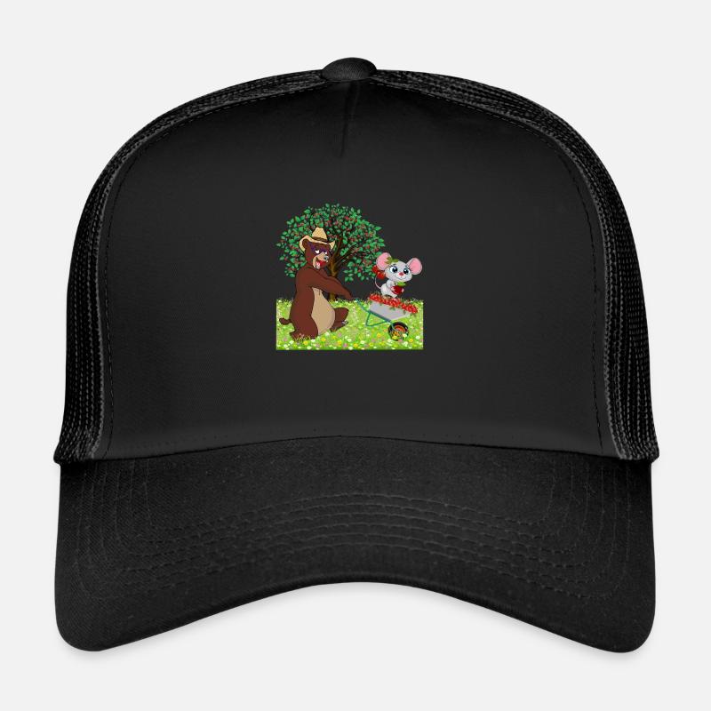 Bär mit Maus auf einer Wiese - Trucker Cap - Schwarz/Schwarz