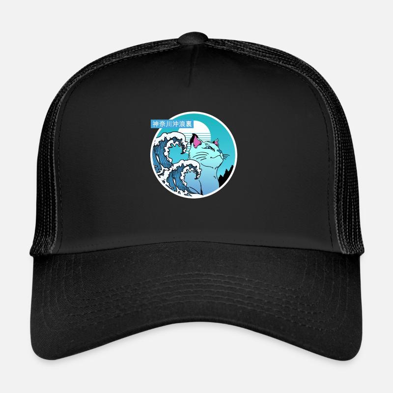 Chat et grosse vague - Casquette trucker  - noir/noir