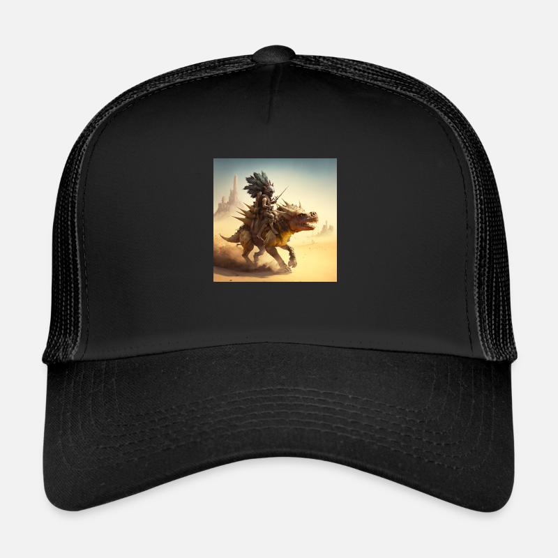 Caveman riding stegosaurus in the desert Trucker Cap