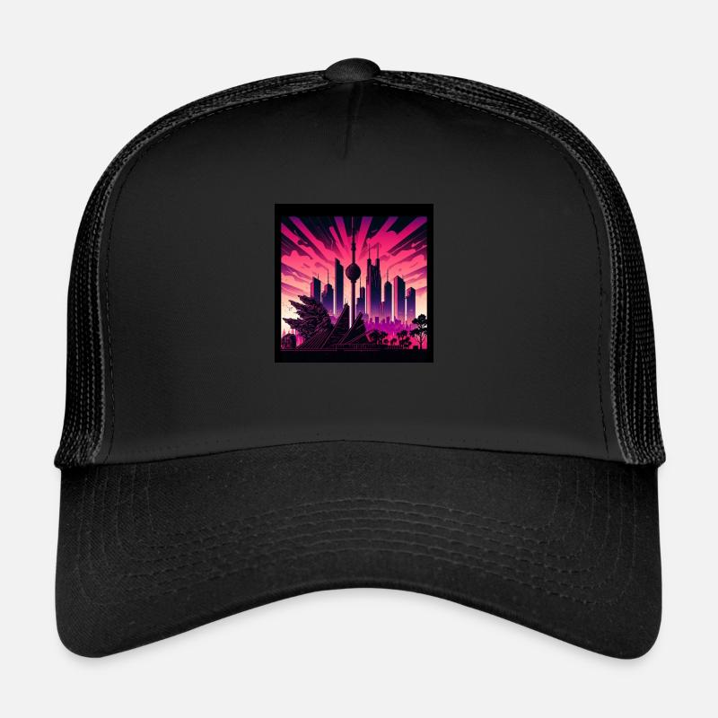 Skyline von Berlin im Abendlicht Retrowave Optik Trucker Cap