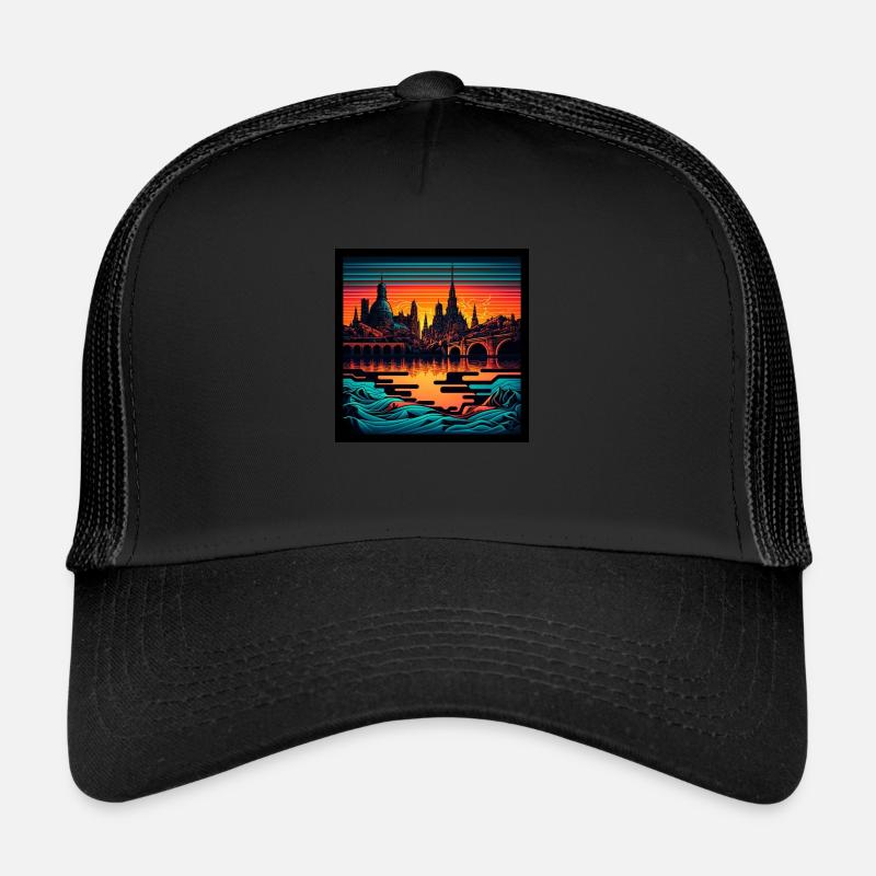 Skyline von Dresden im Abendlicht Vaporwave Optik Trucker Cap