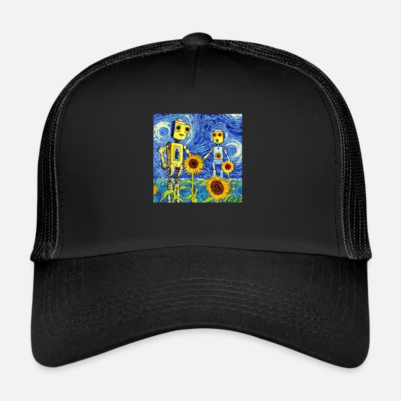 Robots holding hands in a sun flower field - Trucker Cap - black/black