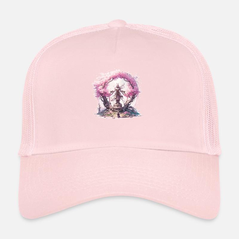 Statue under a cherry blossom tree Trucker Cap