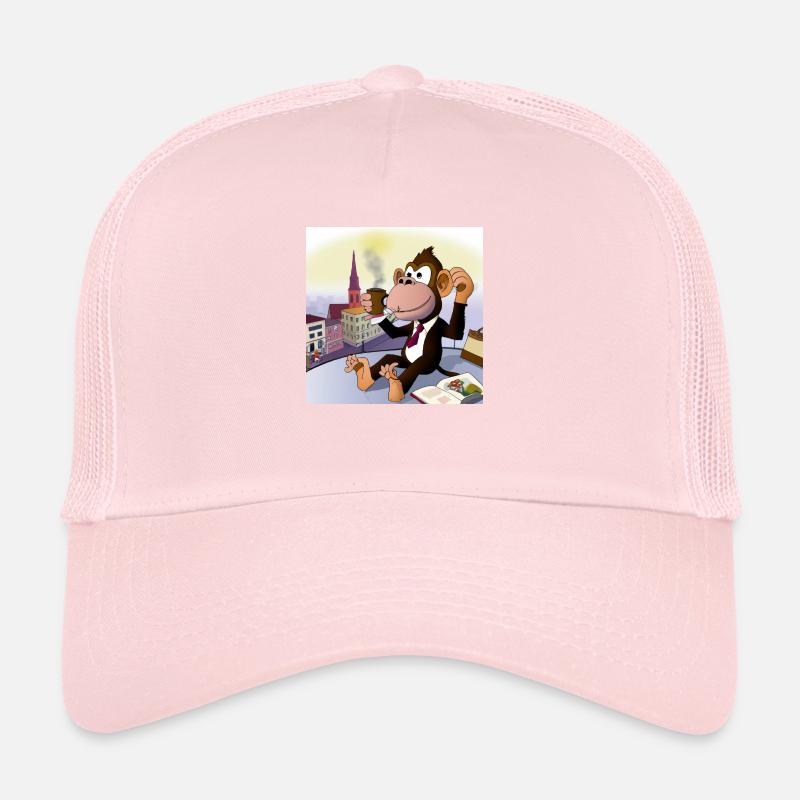 Cool monkey drinks a latte macchiato in the café Trucker Cap
