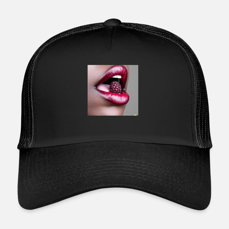 Mund einer Frau mit roten Lippen @ Markus - Trucker Cap - Schwarz/Schwarz
