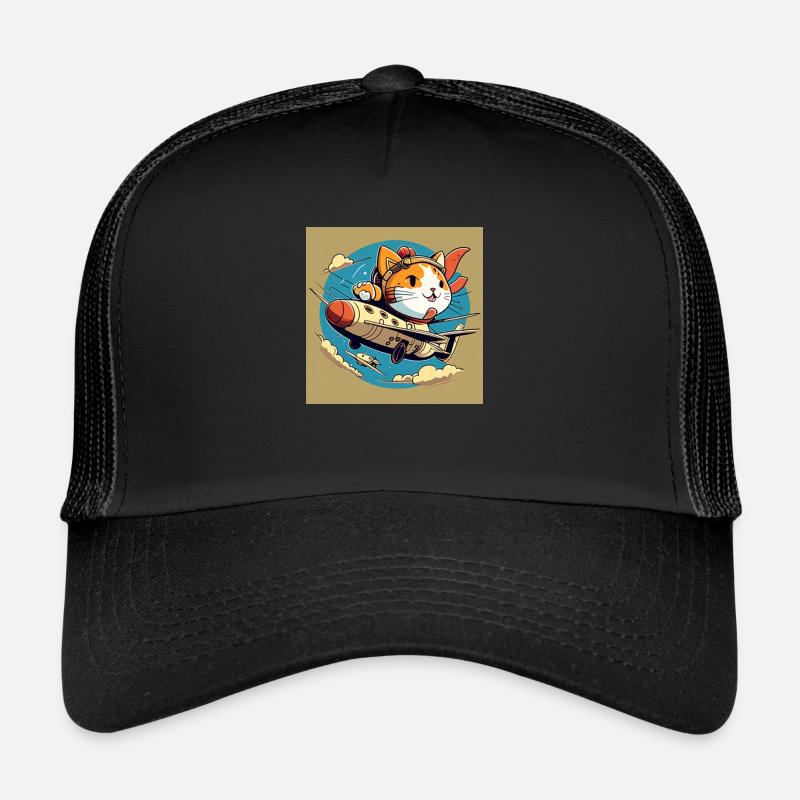 Cartoon fliegende Katze - Trucker Cap - Schwarz/Schwarz