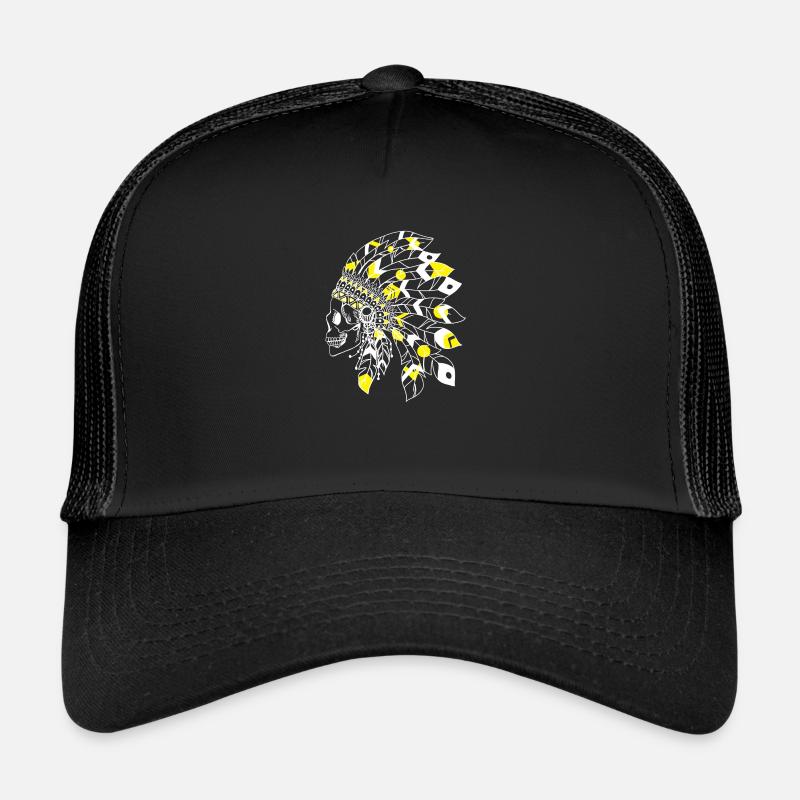 crâne avec coiffe indienne blanc et jaune Casquette trucker 
