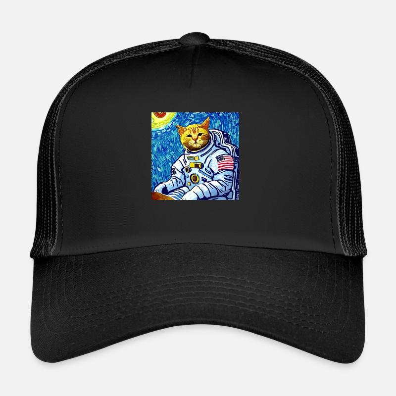 Van Gogh Astronaut Katze - Trucker Cap - Schwarz/Schwarz