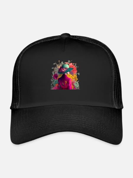 Model with hat and flowers gift - Trucker Cap - black/black - Front