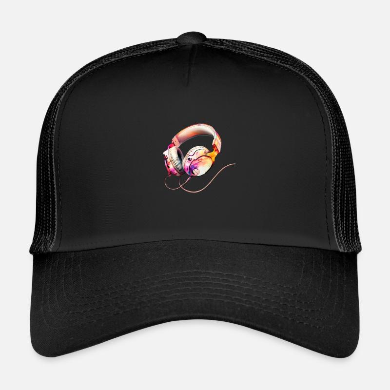 Mädchenaquarell von rosa Musikkopfhörern - Trucker Cap - Schwarz/Schwarz
