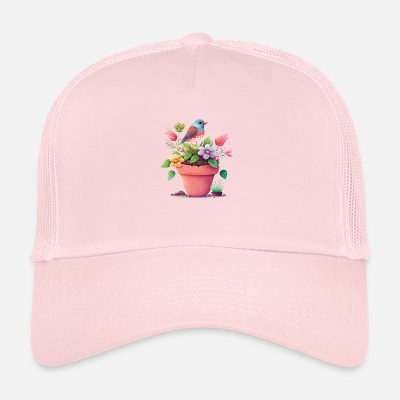 Pot de fleurs et oiseau Casquette trucker 