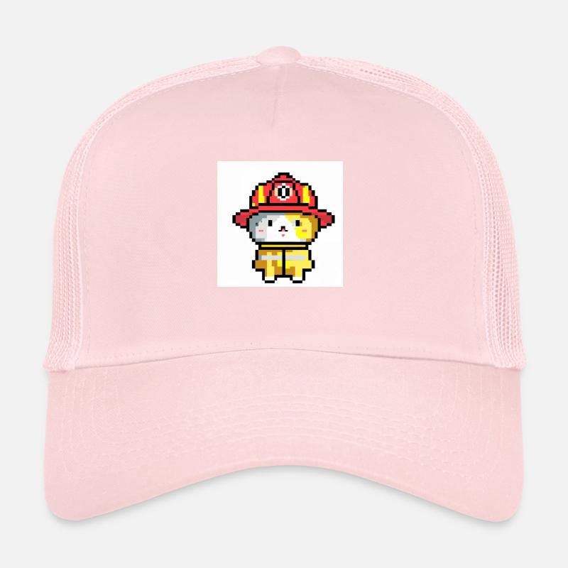 Cat Firefighter, Uniform, Pixel Art Trucker Cap