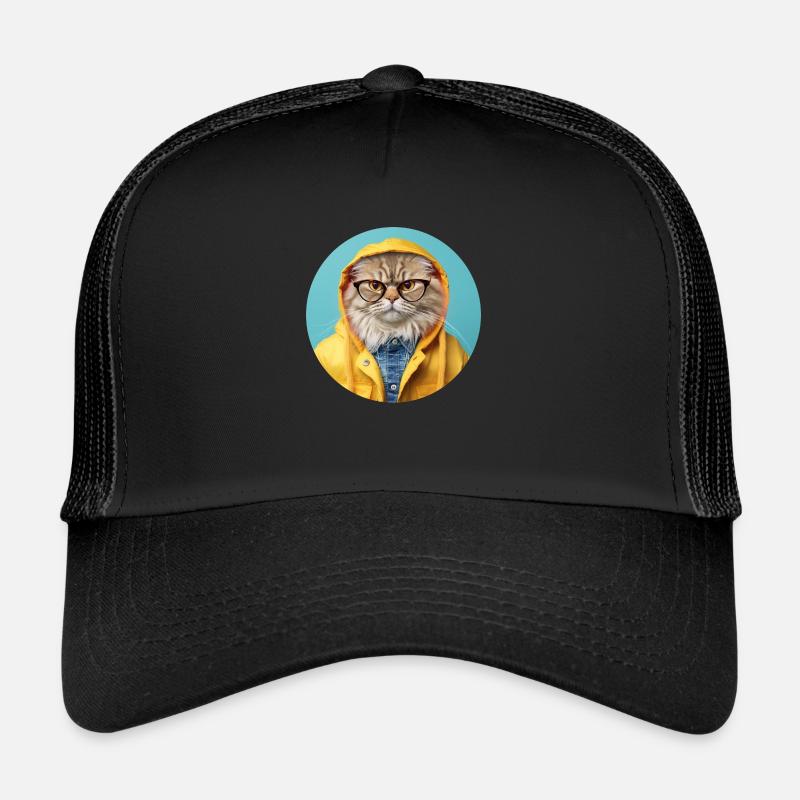 Strenge Katze mit Brille in Regenjacke - Trucker Cap - Schwarz/Schwarz