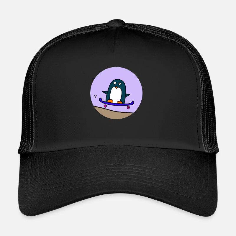 Penguin rides skateboard - Trucker Cap - black/black