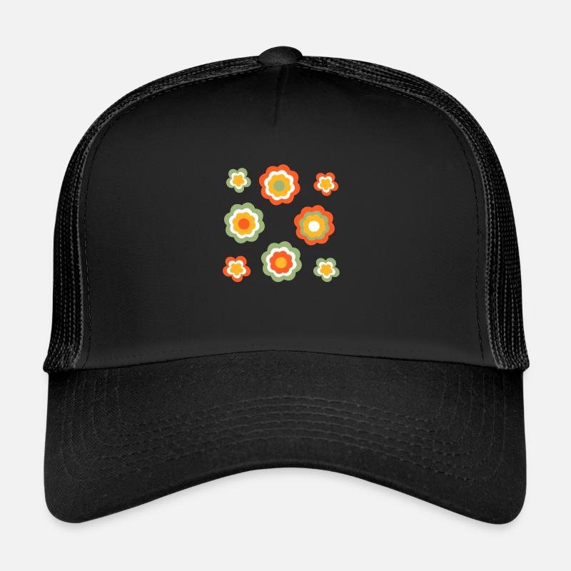 70er Jahre Blume Muster - Trucker Cap - Schwarz/Schwarz