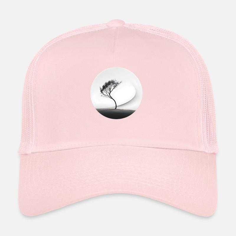 A black and white image of a tree Trucker Cap