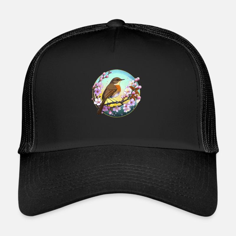 Ein Rotkehlchen auf einem Kirschblütenzweig - Trucker Cap - Schwarz/Schwarz