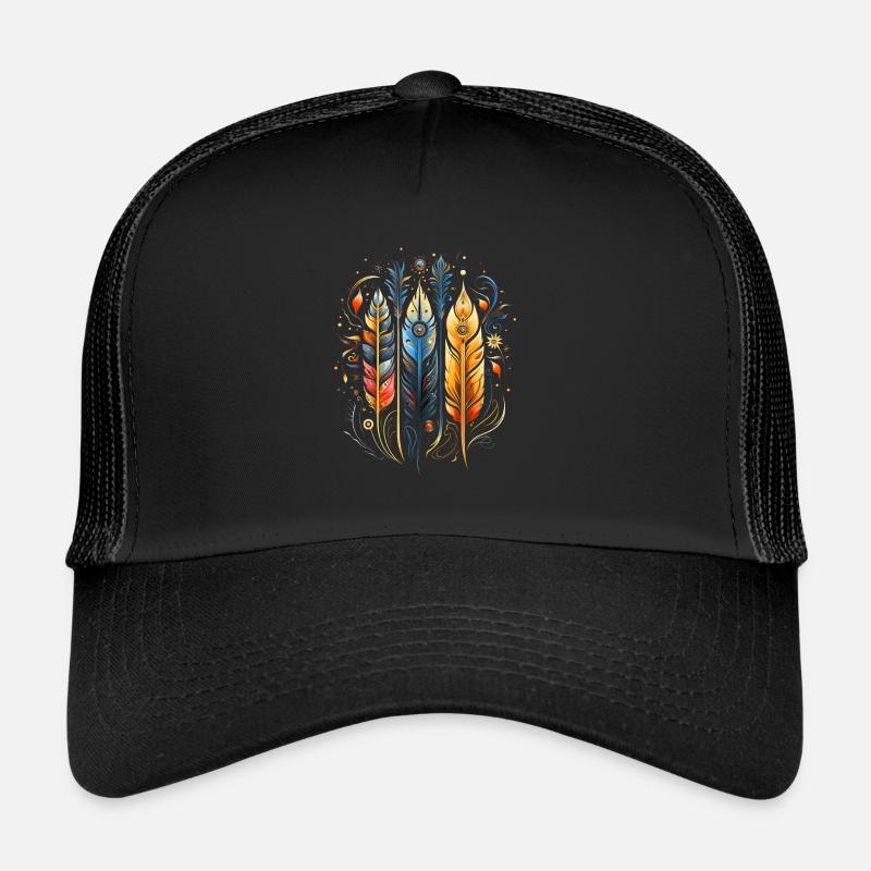 Federn, Boho, Ethno, Style, Muster Tribal Indianer - Trucker Cap - Schwarz/Schwarz