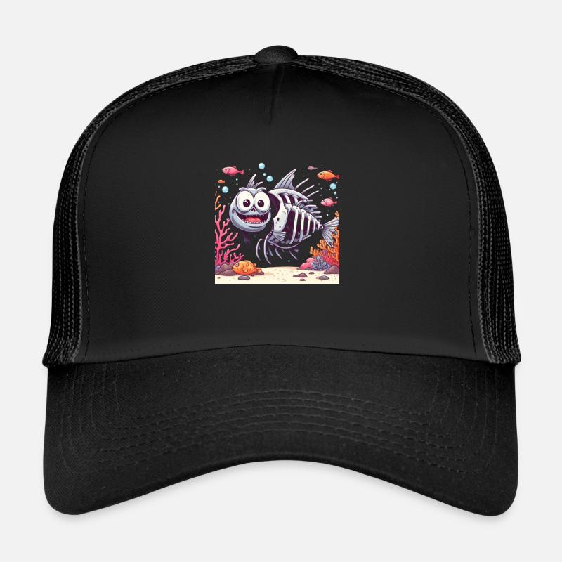 Skeleton Fish Cartoon 3 - Trucker Cap - black/black