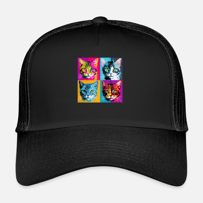 Quadruple Cat Delight: Pop Art Grid Tee - Trucker Cap - black/black