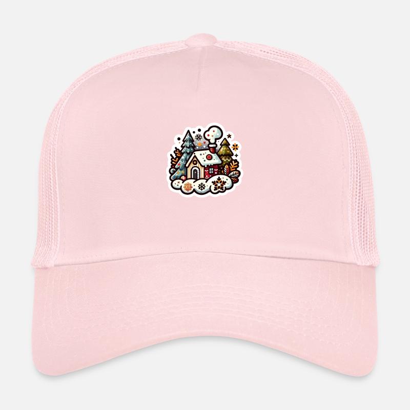 Cozy Winter Wonderland: A Charming Red Cottage Trucker Cap