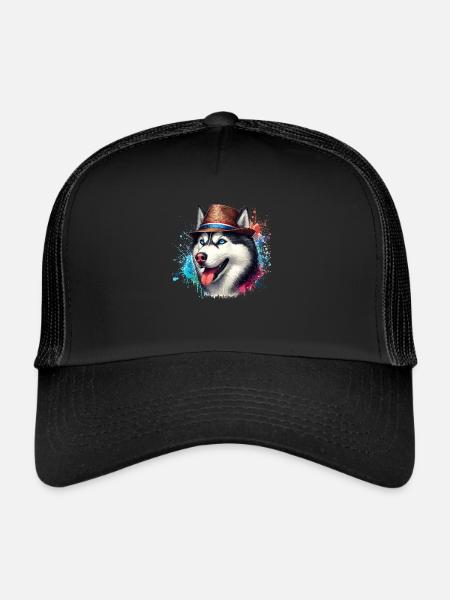 Tête de husky avec chapeau - Casquette trucker - noir/noir