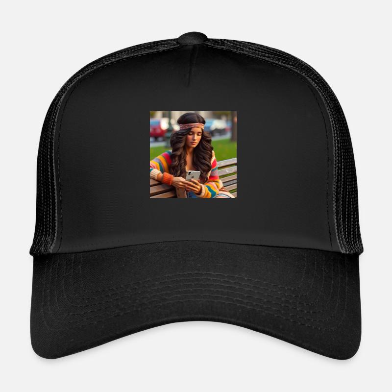 80s young woman using on park bench with smartphone - Trucker Cap - black/black