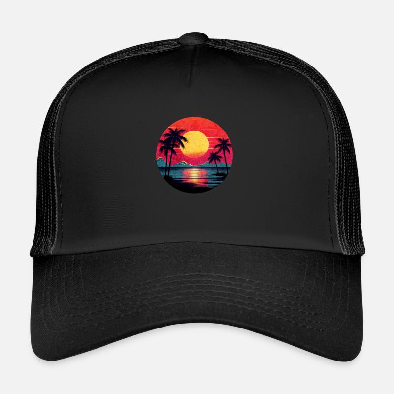 Vintage Sunset Graphic 70s Synthwave Retrowave - Trucker Cap - Schwarz/Schwarz