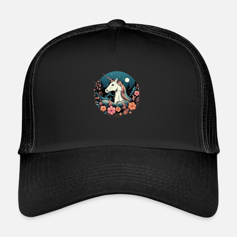 Elegantes Einhorn Logo bei Nacht mit Blumen Trucker Cap