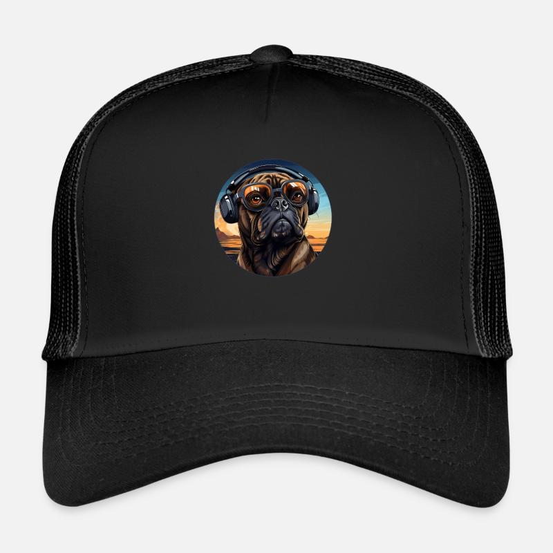 Mops Kopfhörer Sonnenbrille Vintage - Trucker Cap - Schwarz/Schwarz