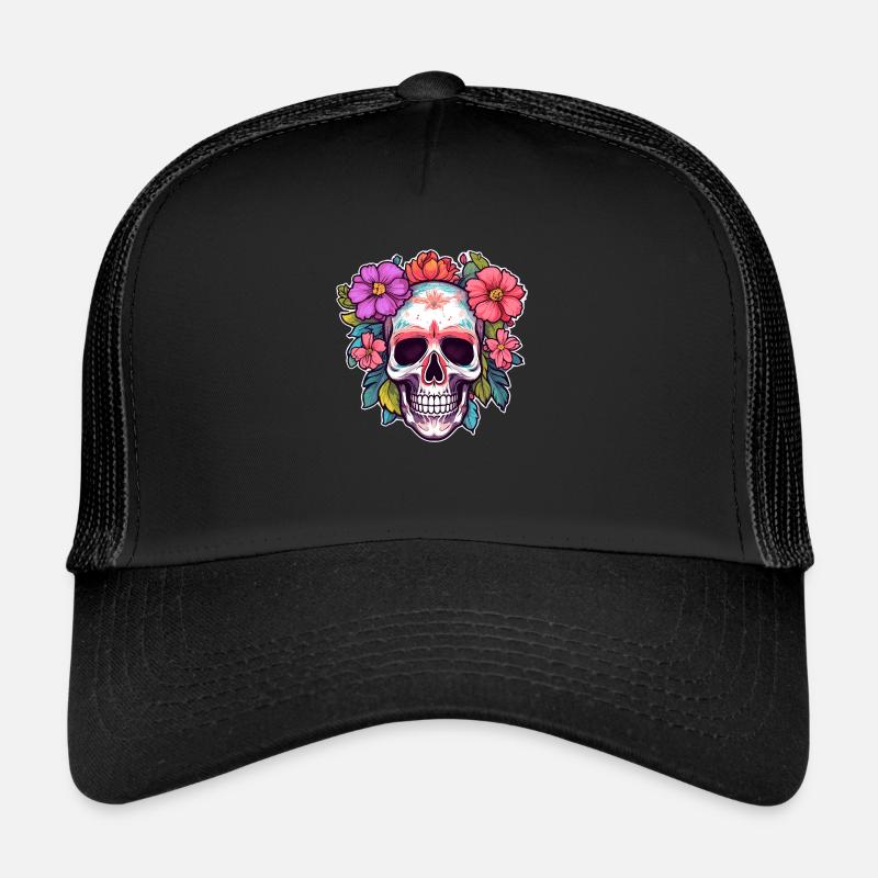 Human Skull & Flowers 30 - Trucker Cap - black/black
