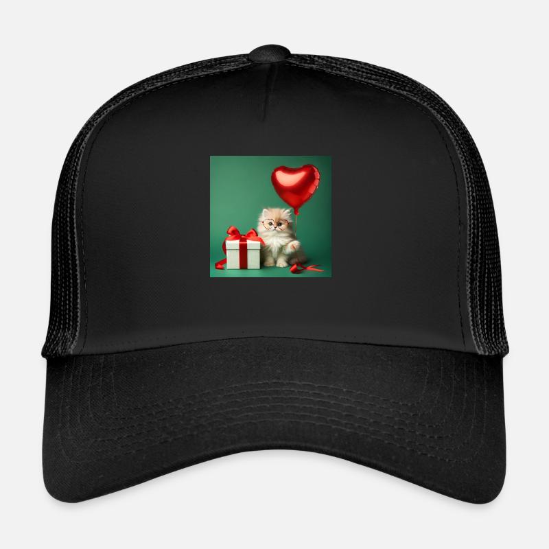 A cute kitten with glasses and a balloon - Trucker Cap - black/black