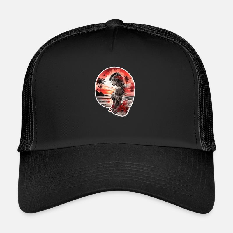 Femme sur la plage regardant le coucher de soleil rouge Casquette trucker 