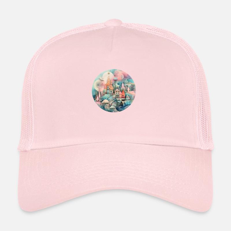 Collage of a Whimsical village Trucker Cap