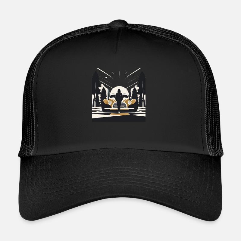 Art-déco-Kapuzenfigur und Auto - Trucker Cap - Schwarz/Schwarz