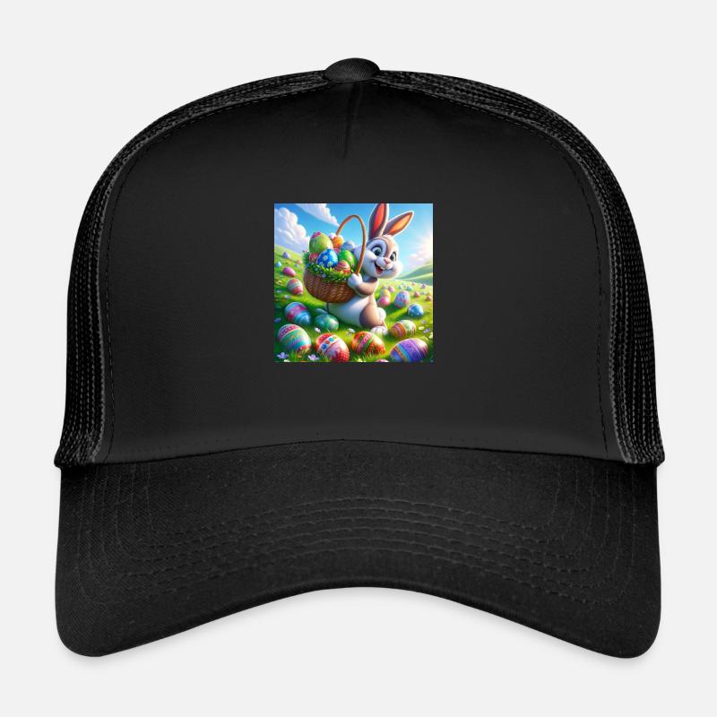 a cheerful easter bunny on a green meadow Trucker Cap